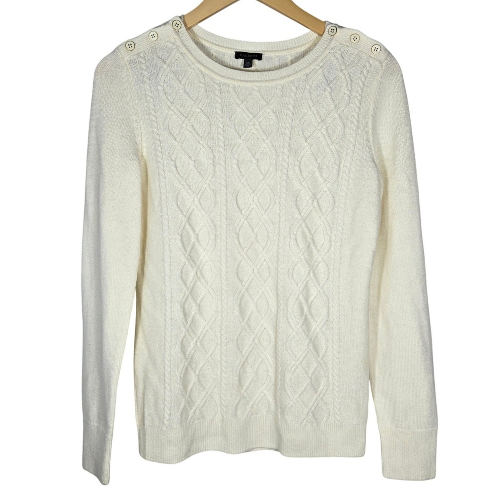 Talbots XS Ivory Lambswool Blend Cable Knit Sweater Shoulder Buttons Cream